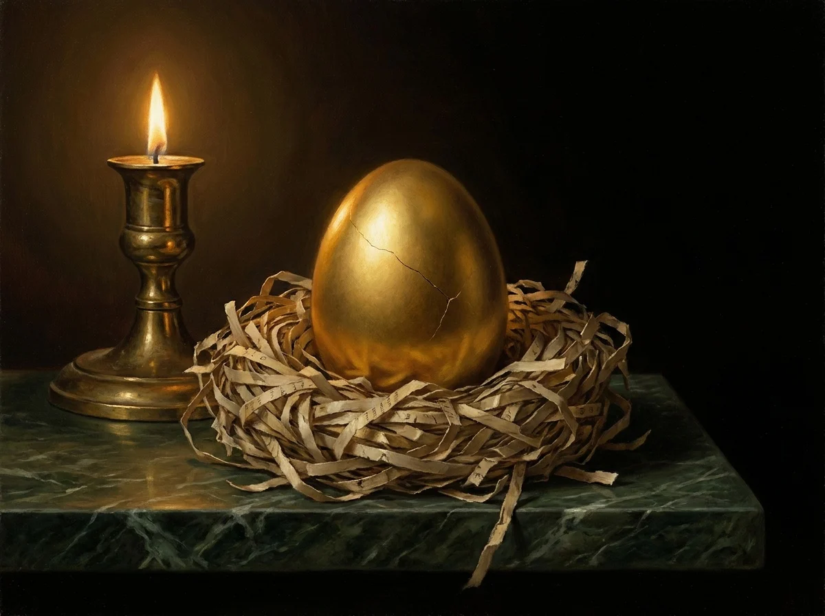 A solid gold egg with a single hairline crack, resting in a nest of shredded paper