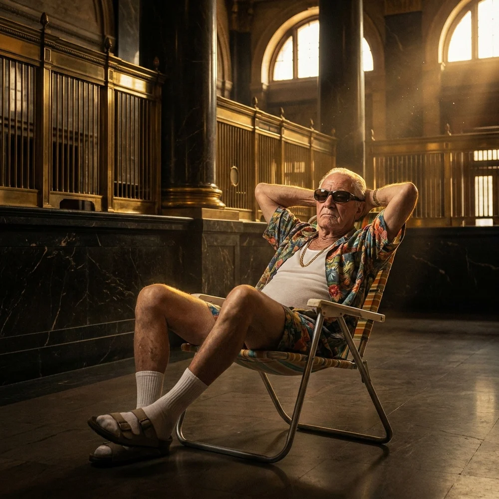 An older man in a floral shirt and sunglasses reclining in a folding beach chair in a marble bank hall