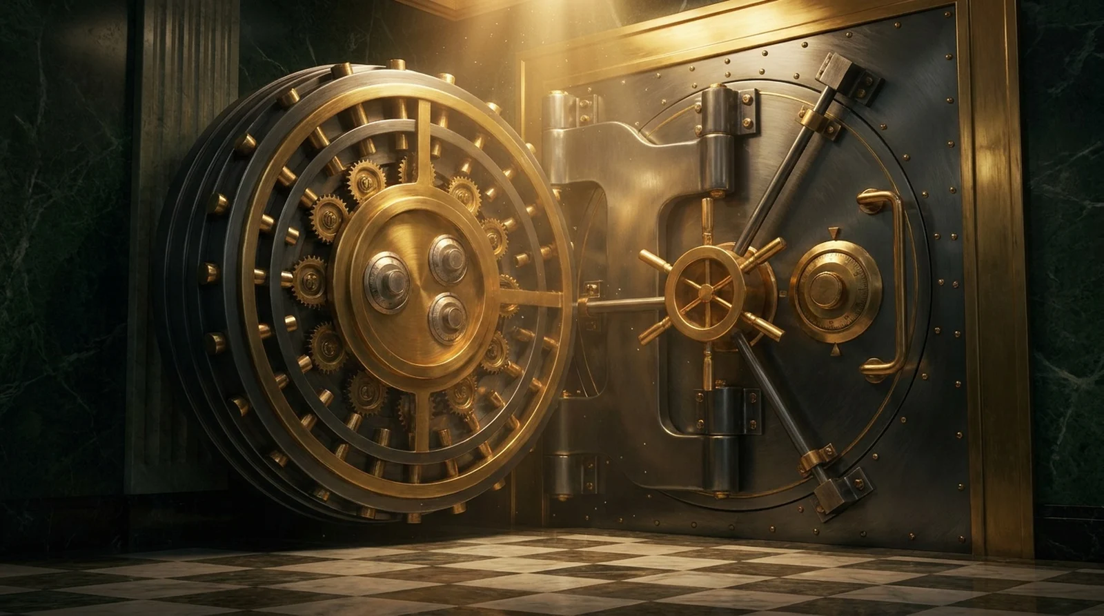 A vast brass vault door standing open in a dark marble hall
